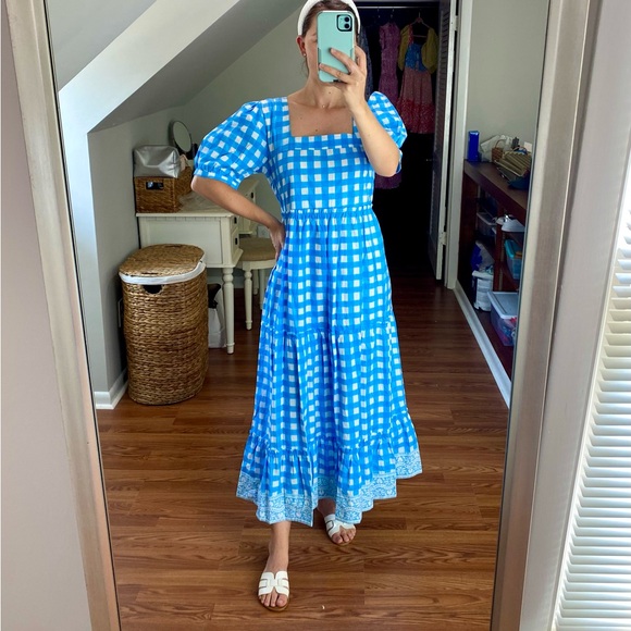 SOLD SZ Blockprints Tuckernuck Divya Cotton Midi Puff Sleeve Dress Gingham Blue - Picture 5 of 14